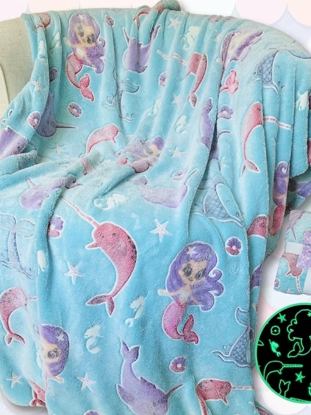 Aqua Plush Mermaid & Narwhal Kids Blanket